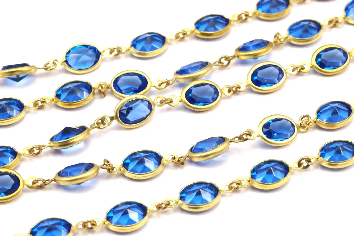 1 M Blue Swarovski Chain Raw Brass Links (7x14mm)