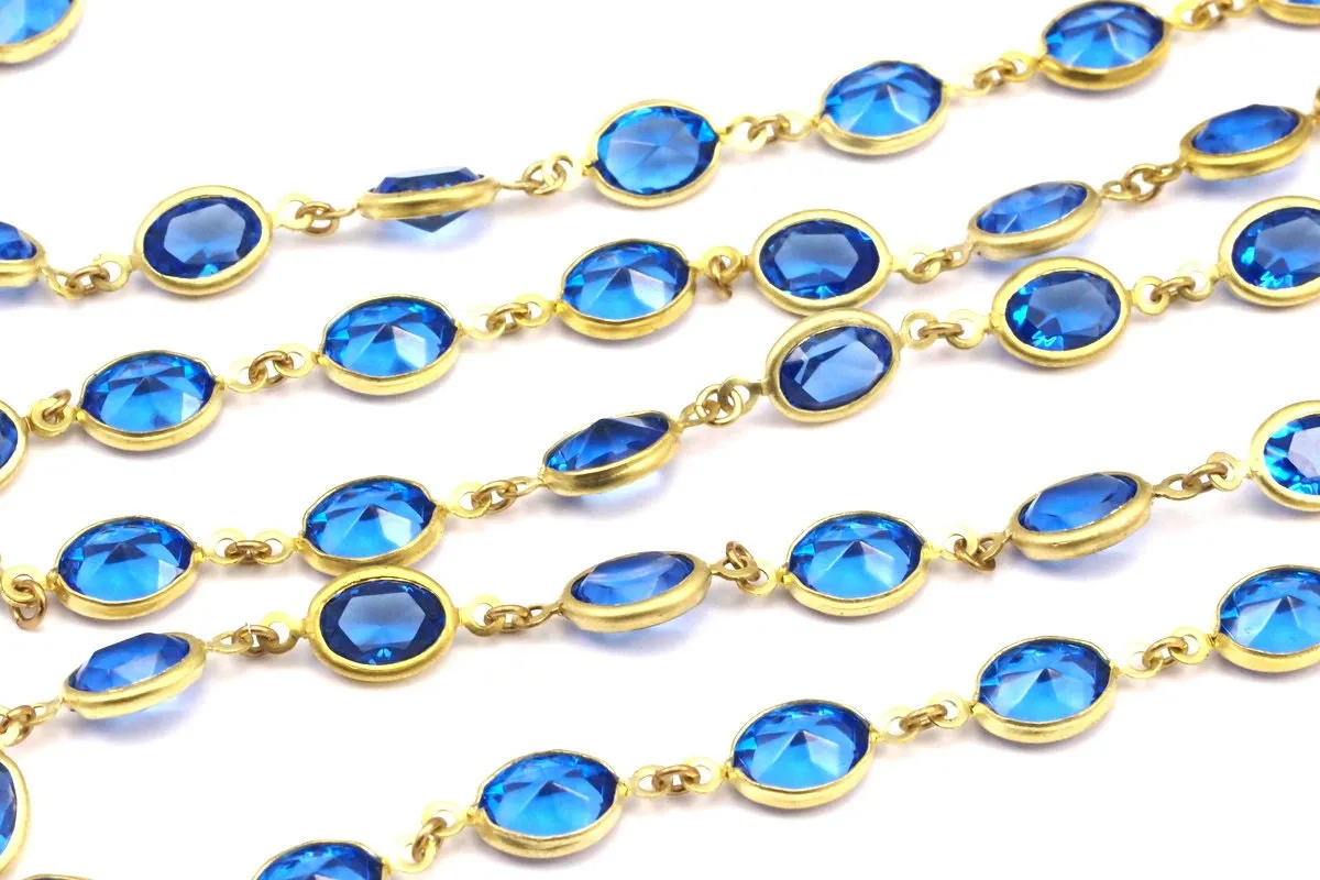 1 M Blue Swarovski Chain Raw Brass Links (7x14mm)