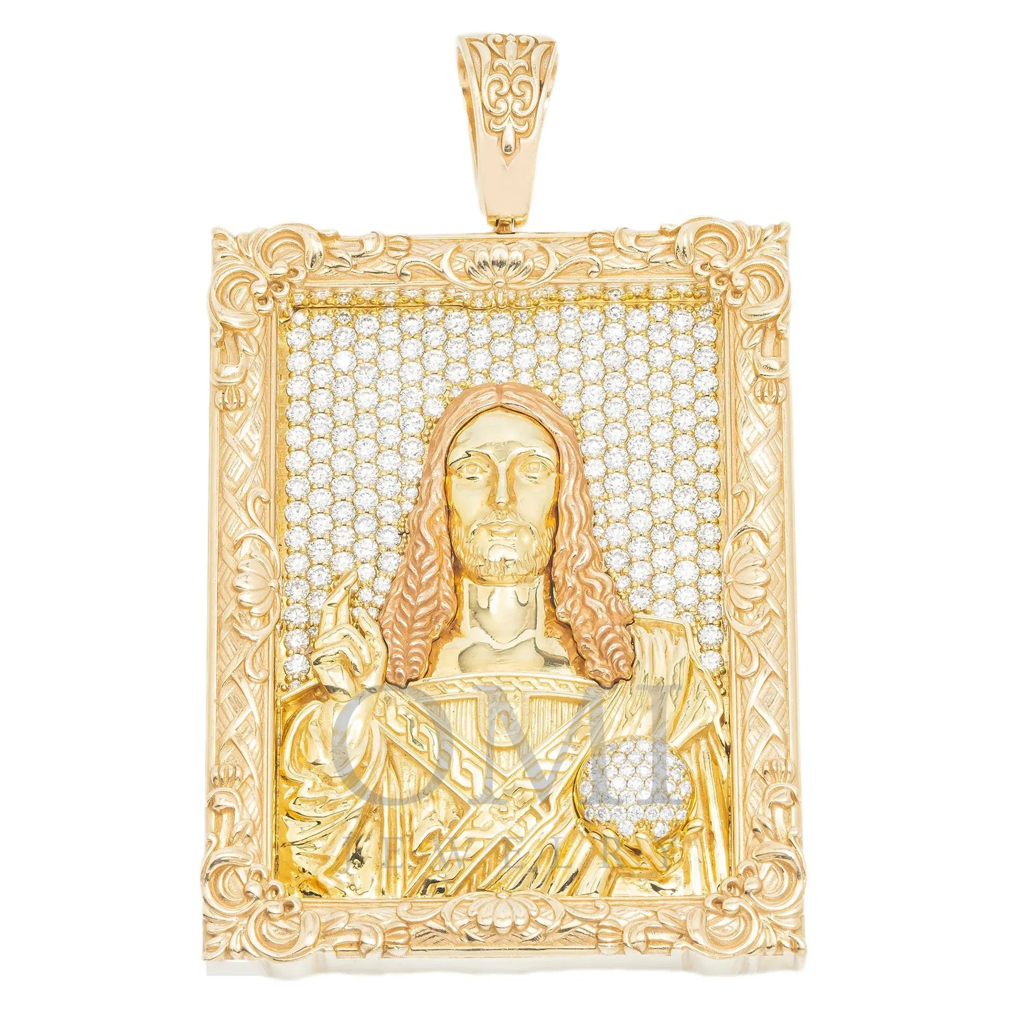 14K GOLD DIAMOND CUSTOM TWO TONE JESUS FRAME PENDANT 6.50 CT