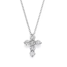 14k White Gold Shared Pong 6-Stone Diamond Cross Necklace