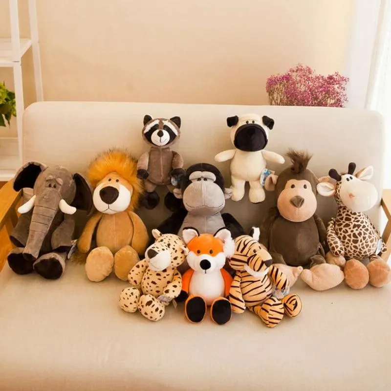 25cm Soft Animal World Plush Toys Lion Elephant Fox Raccoon Giraffe Forest Animals Appease Playmate Calm Doll Christmas Gifts