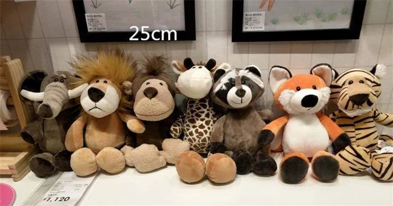 25cm Soft Animal World Plush Toys Lion Elephant Fox Raccoon Giraffe Forest Animals Appease Playmate Calm Doll Christmas Gifts