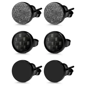 3 Pairs Stainless Steel Stud Earrings for Men Women Black Carbon Fiber Pierced