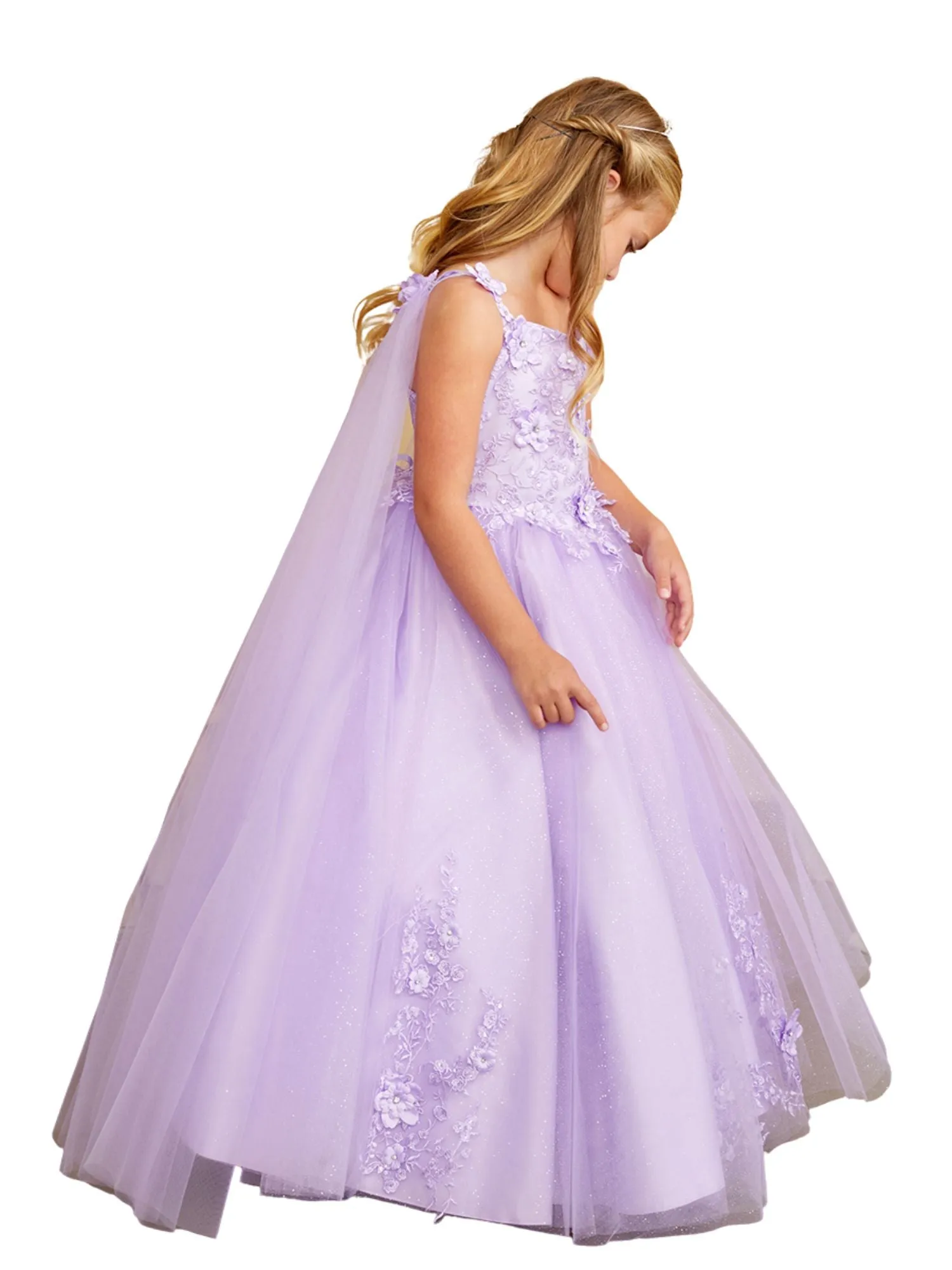 3D Floral Bodice Glitter Tulle Detachable Cape Special Occasion Dress, Sizes 2-18