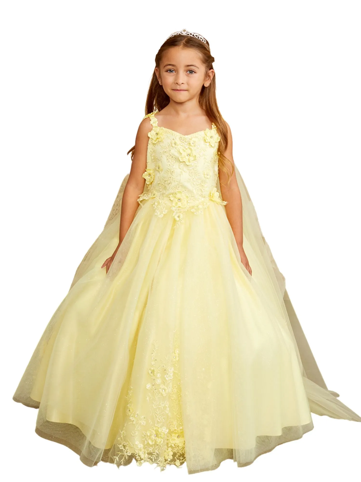 3D Floral Bodice Glitter Tulle Detachable Cape Special Occasion Dress, Sizes 2-18