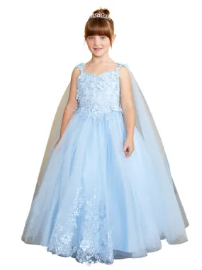 3D Floral Bodice Glitter Tulle Detachable Cape Special Occasion Dress, Sizes 2-18