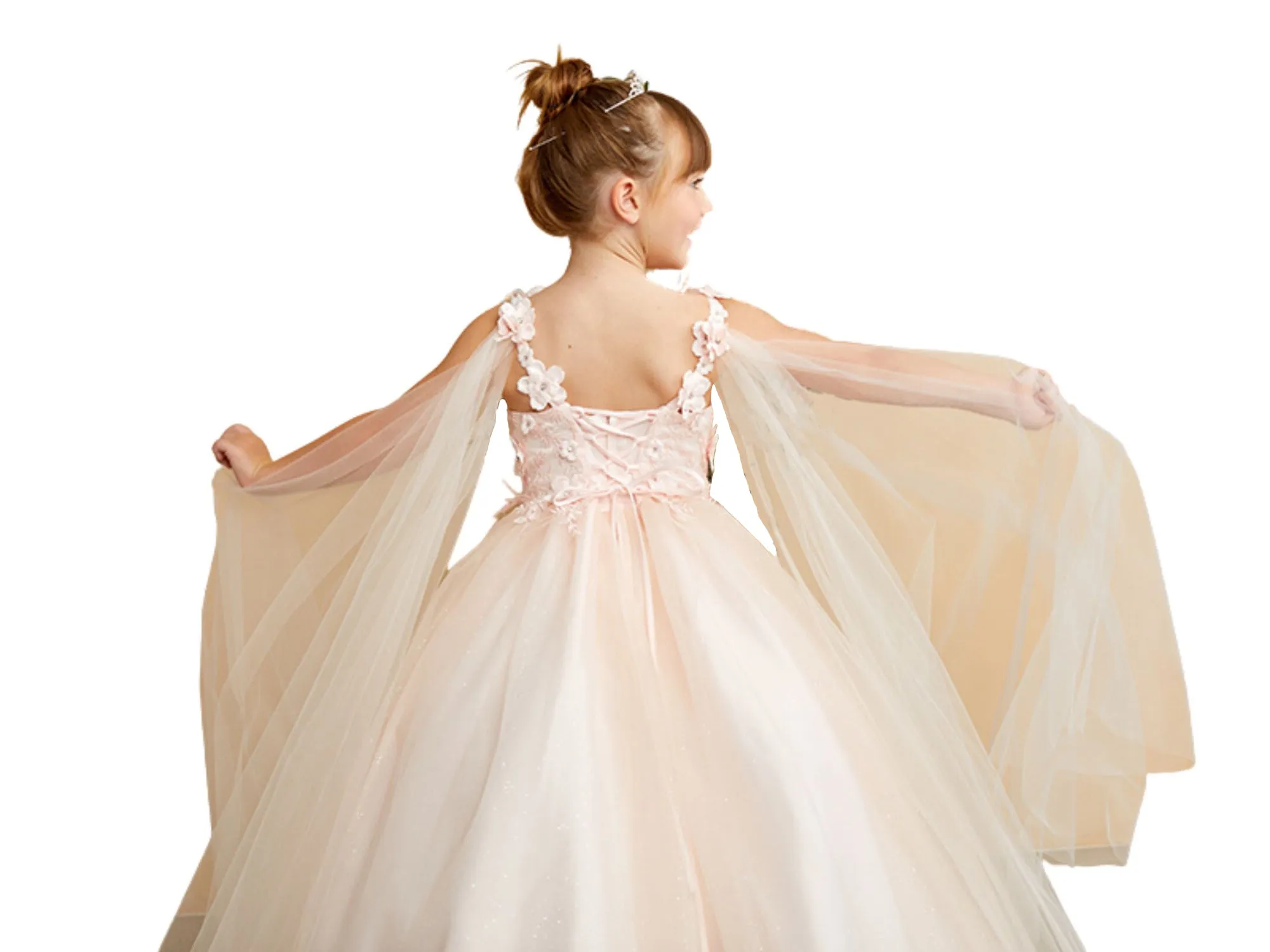 3D Floral Bodice Glitter Tulle Detachable Cape Special Occasion Dress, Sizes 2-18