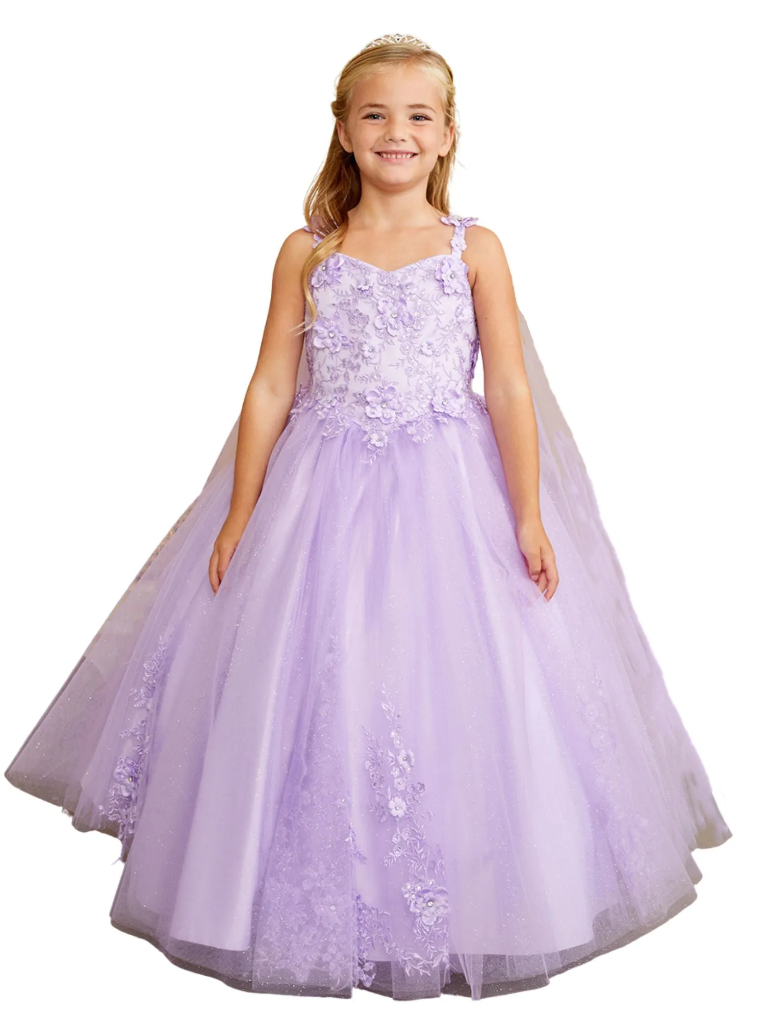 3D Floral Bodice Glitter Tulle Detachable Cape Special Occasion Dress, Sizes 2-18