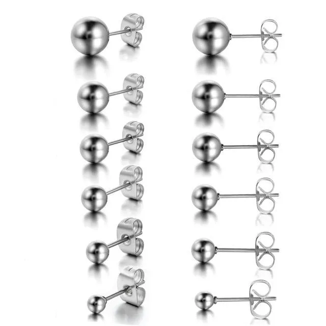 6 Pairs Ball Bead Stainless Steel Punk Stud Earrings