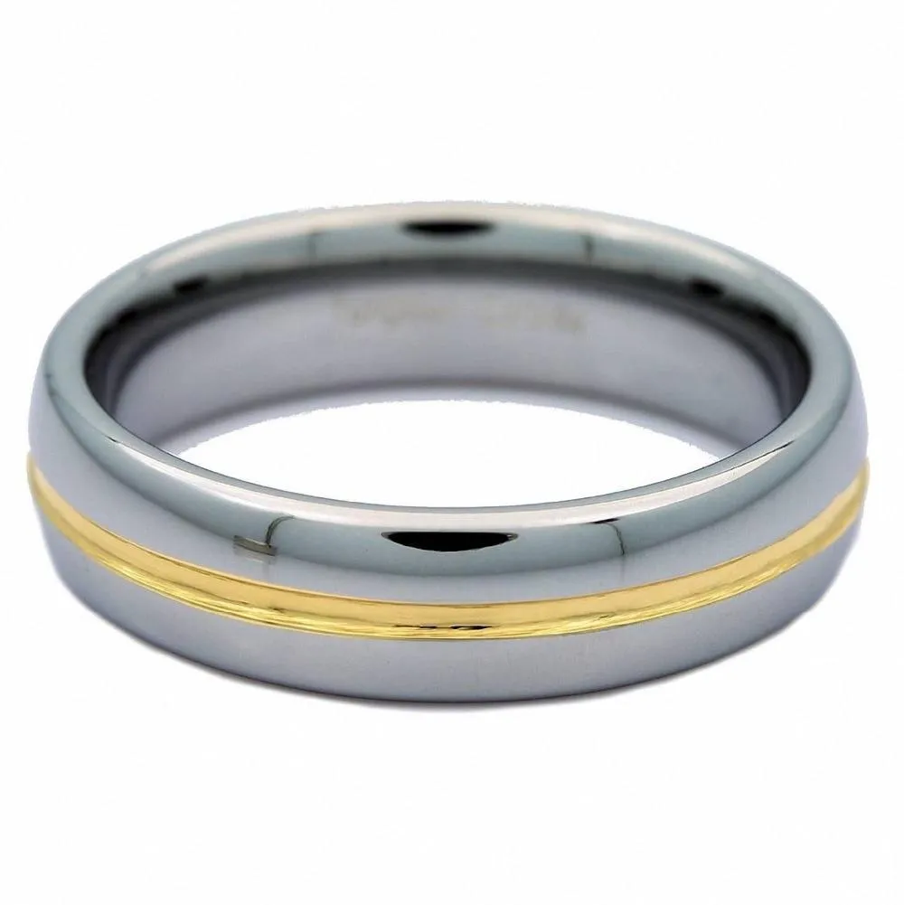 6/8mm Silver Tungsten Wedding Band Ring with Gold Groove Inlay