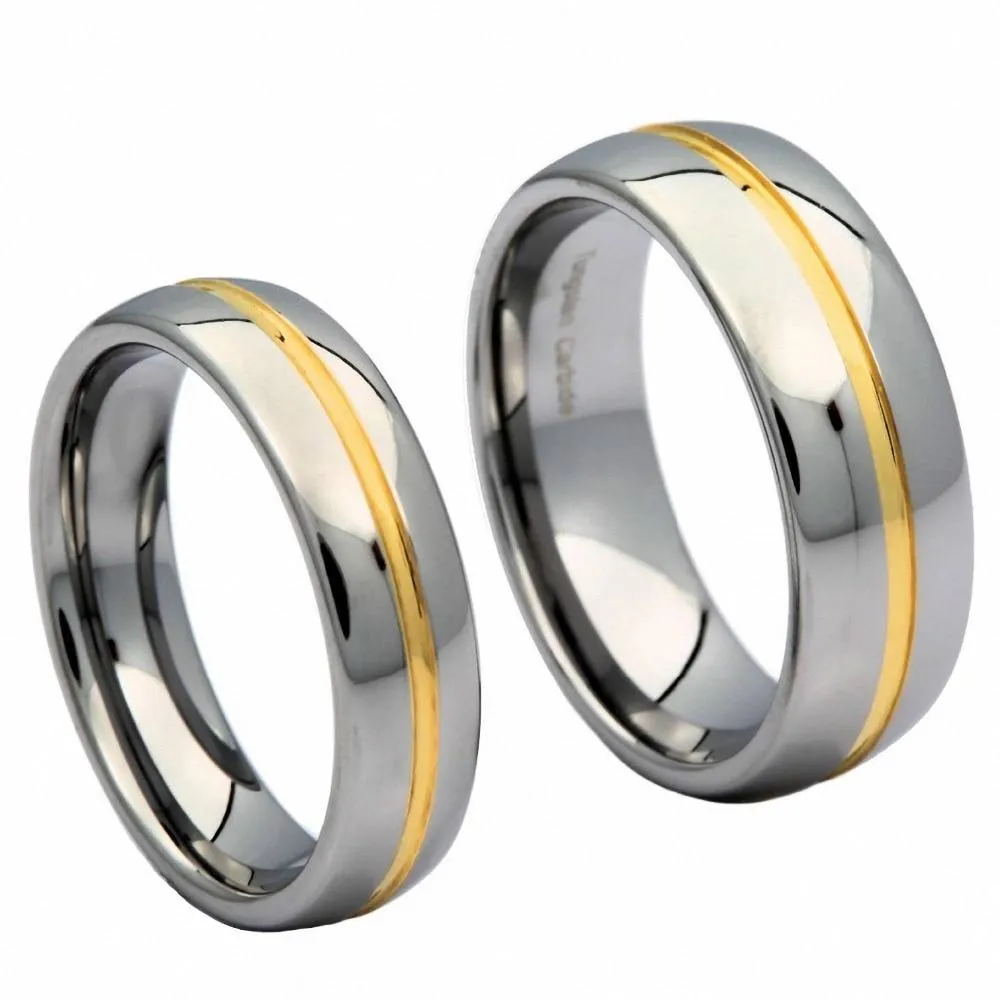 6/8mm Silver Tungsten Wedding Band Ring with Gold Groove Inlay