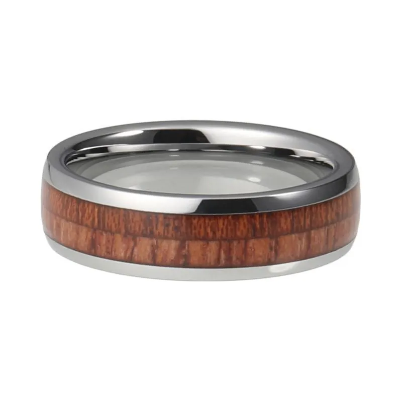 6mm Dome Shape Koa Wood Inlay with Silver Edges Tungsten Ring