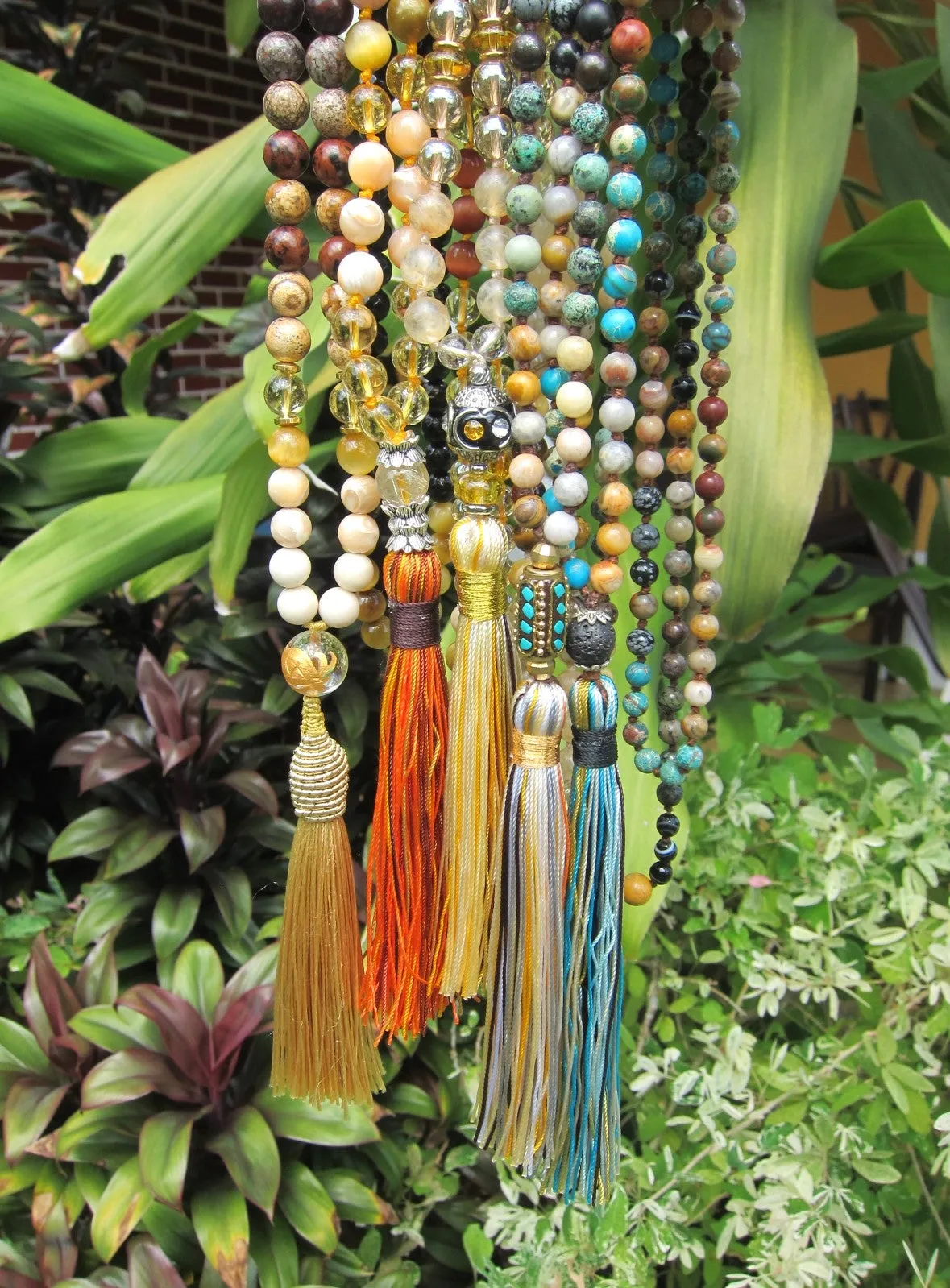 7 Stone Imperial Jasper Lava Mala Beaded Tassel Necklace