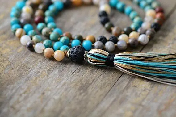 7 Stone Imperial Jasper Lava Mala Beaded Tassel Necklace