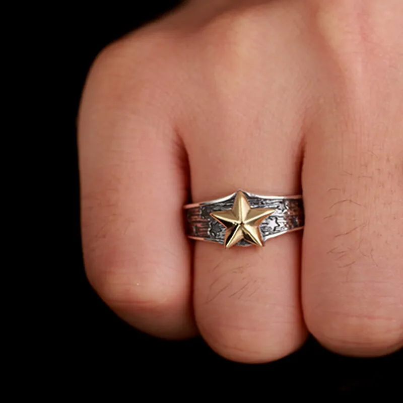 7mm Gold-Plated Star 925 Sterling Silver Vintage Punk Rock Retro Ring