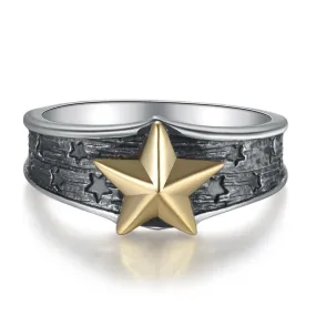 7mm Gold-Plated Star 925 Sterling Silver Vintage Punk Rock Retro Ring