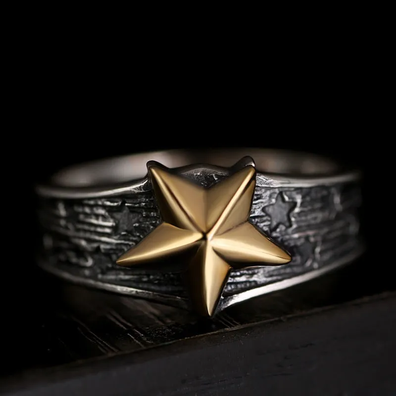 7mm Gold-Plated Star 925 Sterling Silver Vintage Punk Rock Retro Ring