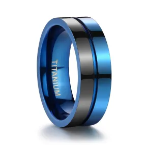 7mm Polished Blue and Black Grooved Titanium Fashion Wedding Band