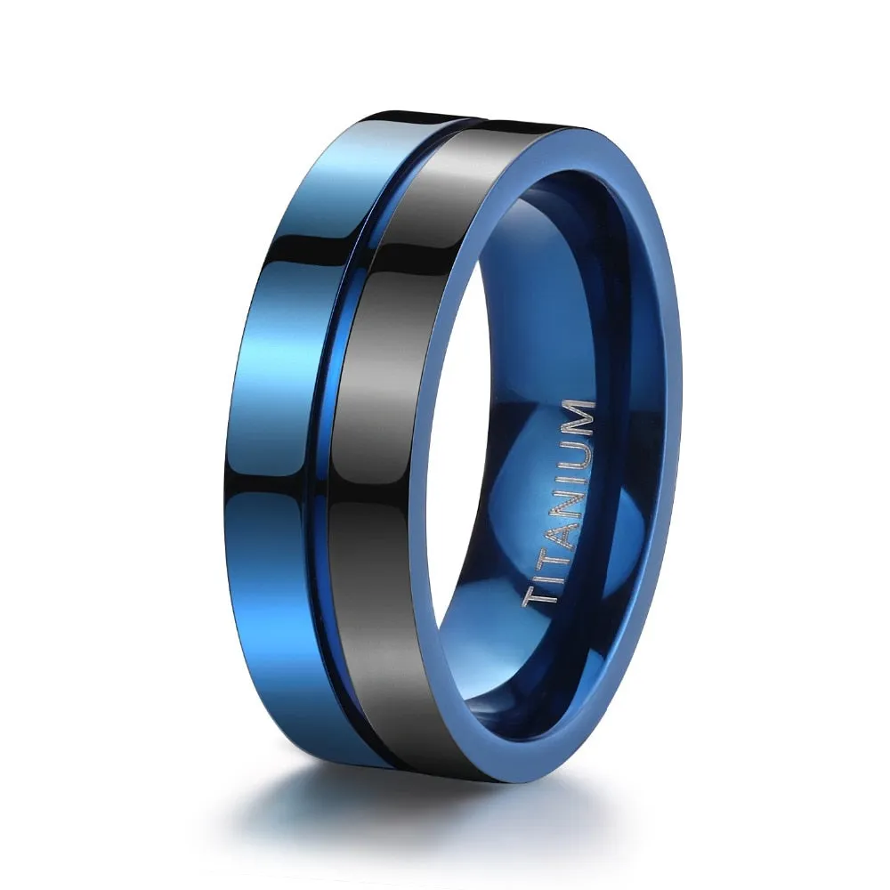 7mm Polished Blue and Black Grooved Titanium Fashion Wedding Band