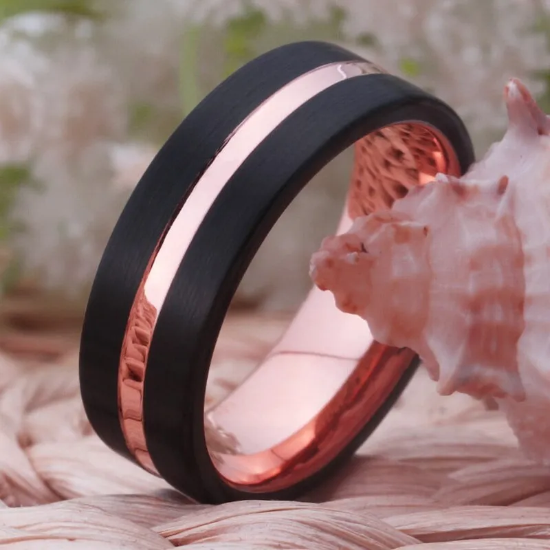 8mm Black and Rose-Gold-Plated Tungsten Carbide Wedding Band