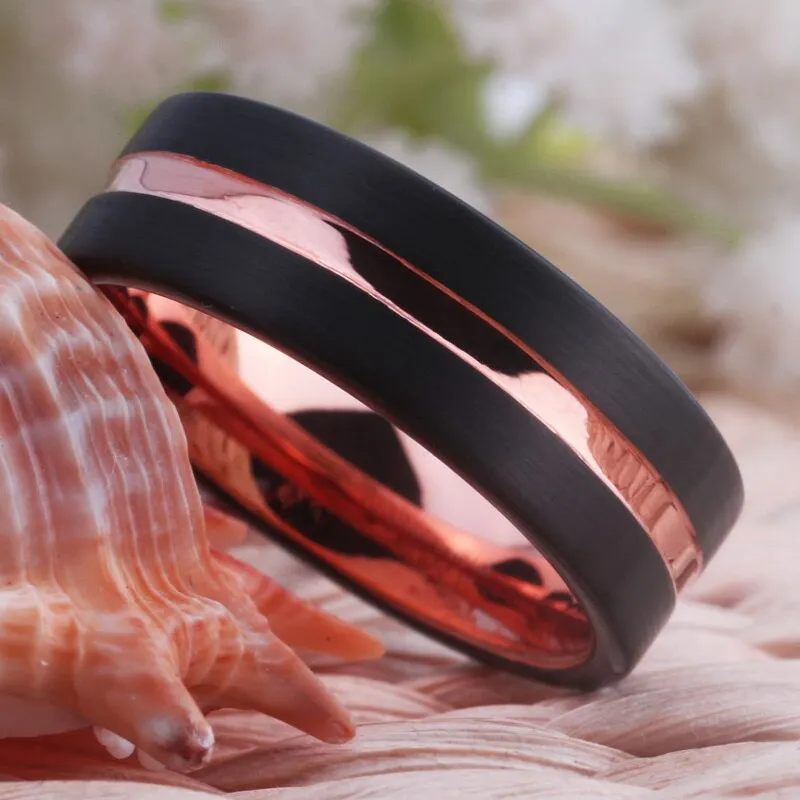 8mm Black and Rose-Gold-Plated Tungsten Carbide Wedding Band