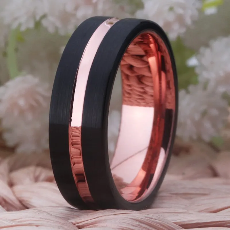 8mm Black and Rose-Gold-Plated Tungsten Carbide Wedding Band