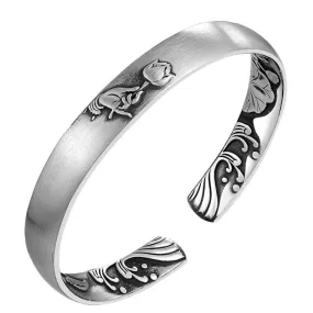 8mm Lotus 999 Genuine Silver Vintage Rock Open Cuff Bracelet