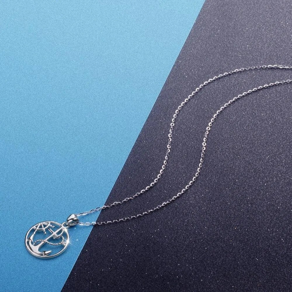 925 Sterling Silver Round Anchor and Rudder Pendant Necklace