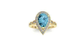 9x6mm (1.30ct) Milgrain Pear Cut Blue Topaz Diamond Halo 14K Gold Ring BSAQ009