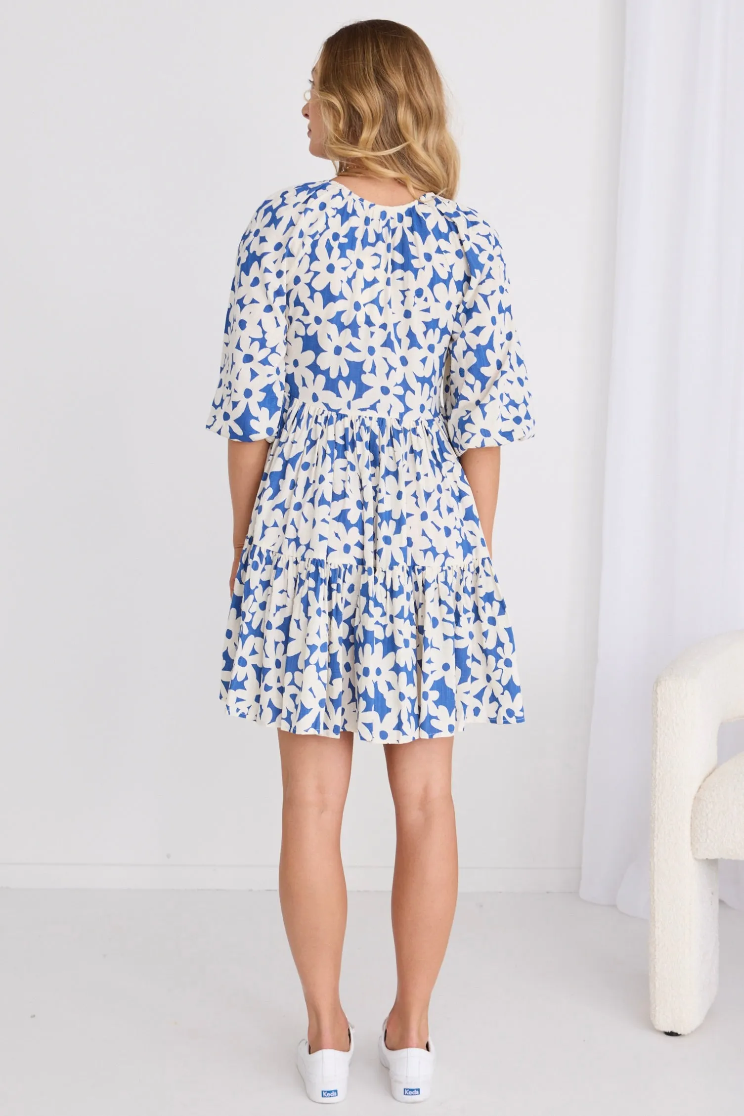 Airy Blue FlowerLS V Neck Mini Dress