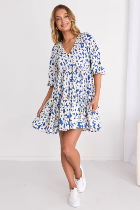 Airy Blue FlowerLS V Neck Mini Dress