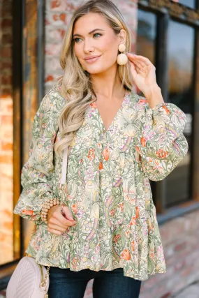 All For Love Olive Green Floral Blouse