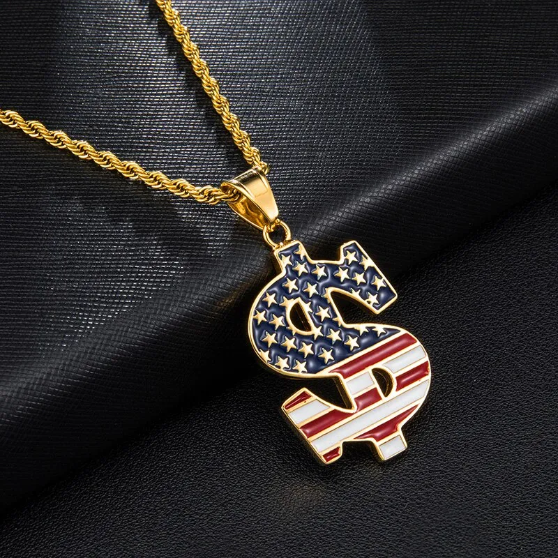 American Flag on US Dollar Stainless Steel Hip-hop Pendant Necklace