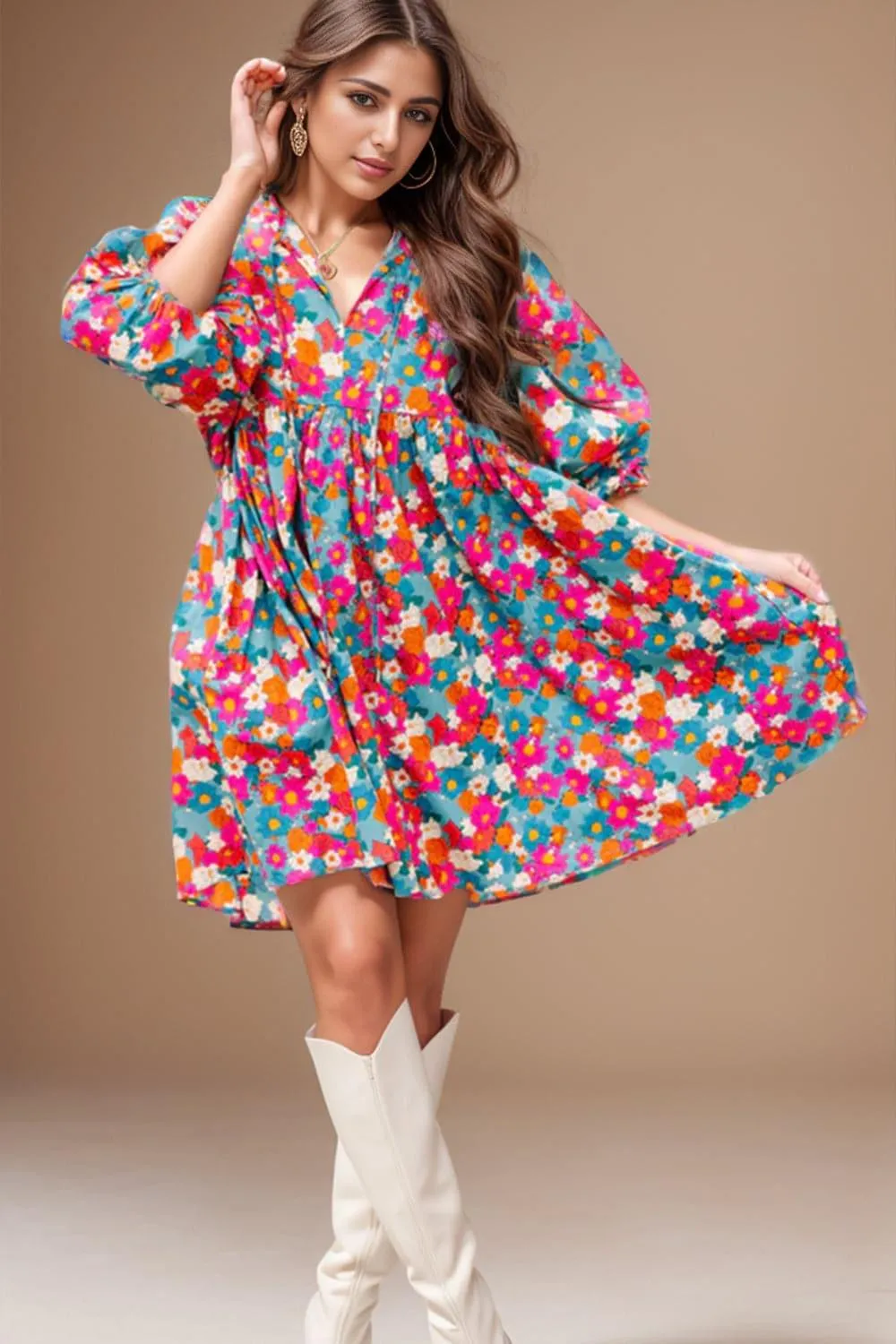 Aria Floral Tie Neck Puff Sleeve Mini Dress