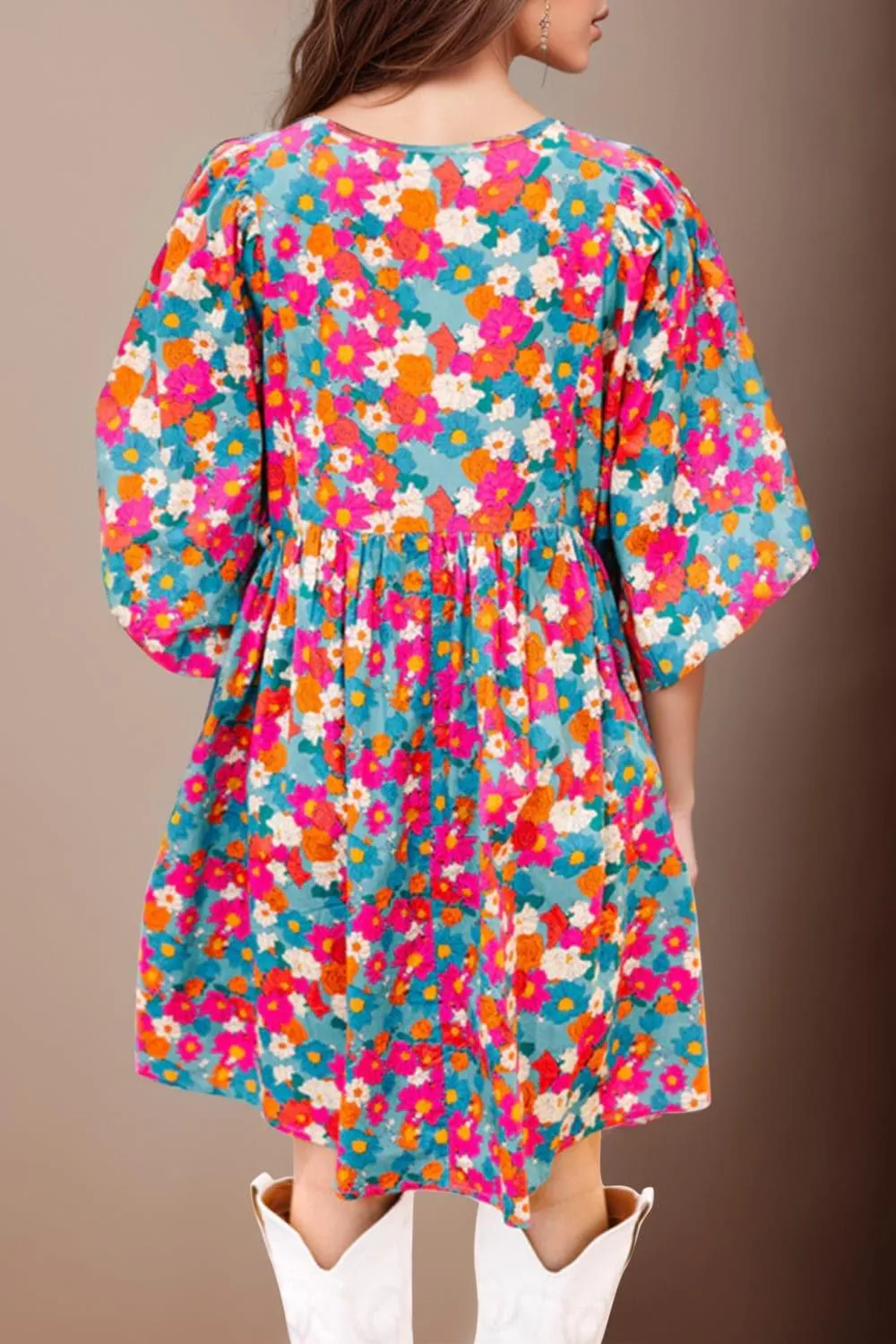 Aria Floral Tie Neck Puff Sleeve Mini Dress