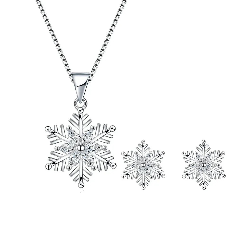 Austrian Crystal Bridal Snowflake Necklace Earrings Set Clear Silver-Tone