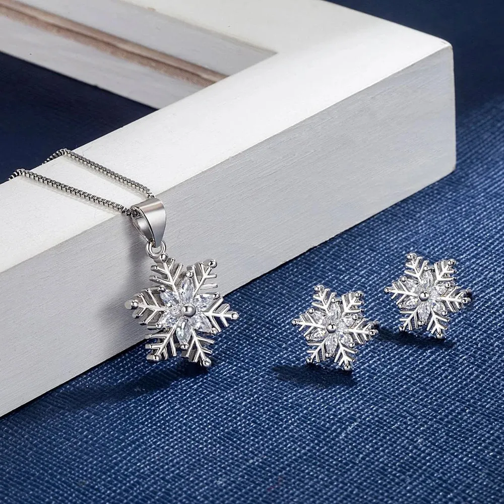 Austrian Crystal Bridal Snowflake Necklace Earrings Set Clear Silver-Tone