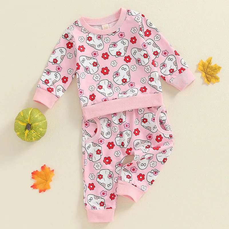 Baby/Toddler Groovy Ghost Floral Halloween Pink Loungewear