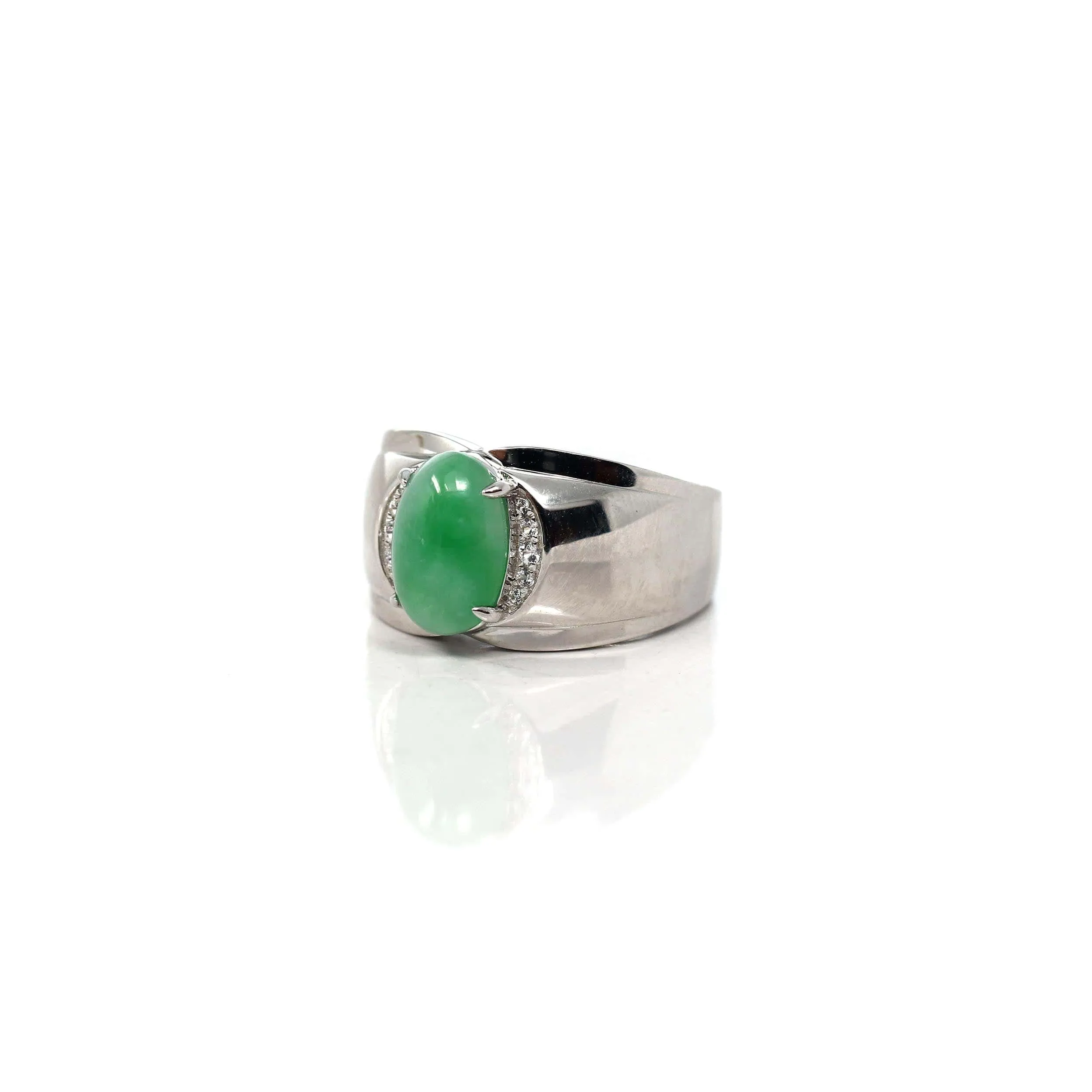 Baikalla? Sterling Silver Genuine Green Jadeite Jade Men's Ring with White Sapphire