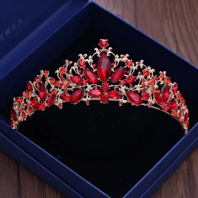 Baroque Gold, Rhinestone and Vintage Red Crystal Tiara, Necklace & Earrings Wedding Jewelry Set