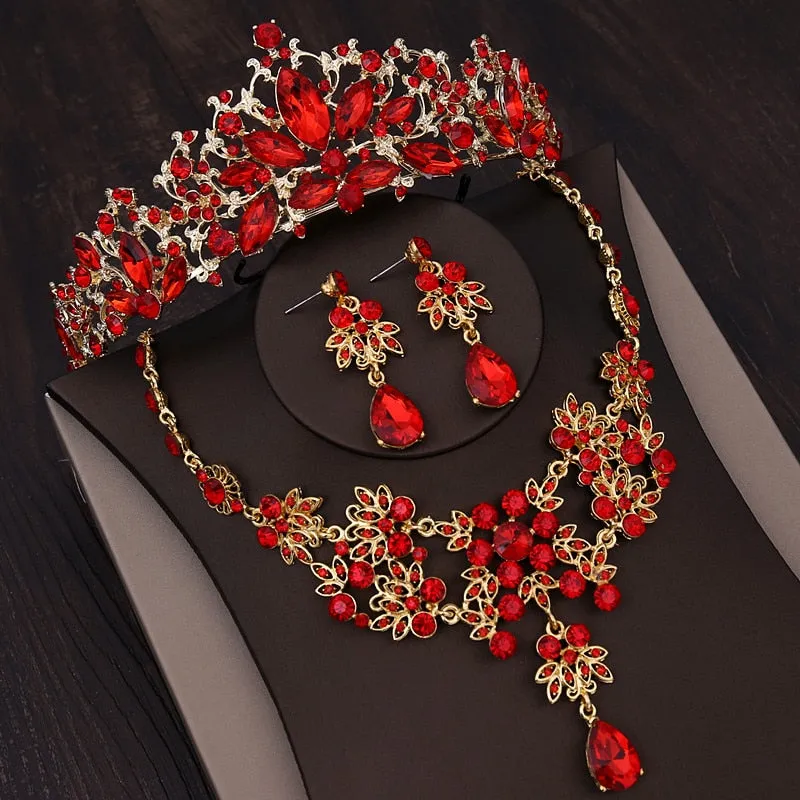 Baroque Gold, Rhinestone and Vintage Red Crystal Tiara, Necklace & Earrings Wedding Jewelry Set