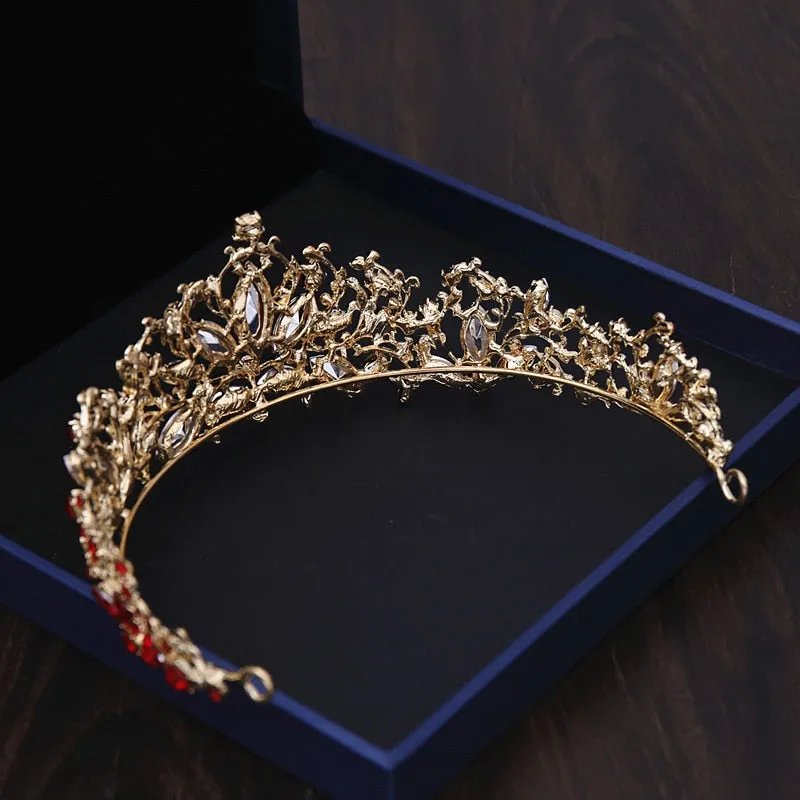 Baroque Gold, Rhinestone and Vintage Red Crystal Tiara, Necklace & Earrings Wedding Jewelry Set