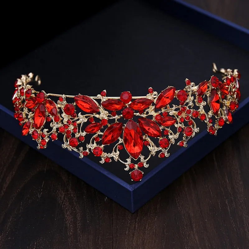 Baroque Gold, Rhinestone and Vintage Red Crystal Tiara, Necklace & Earrings Wedding Jewelry Set