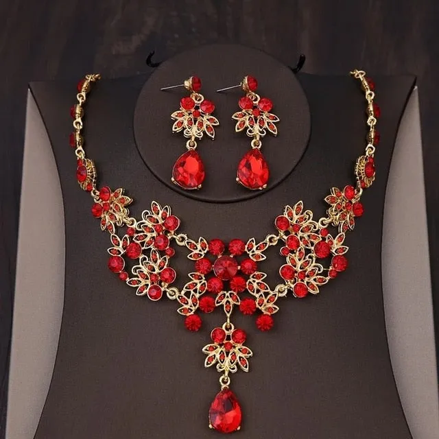 Baroque Gold, Rhinestone and Vintage Red Crystal Tiara, Necklace & Earrings Wedding Jewelry Set