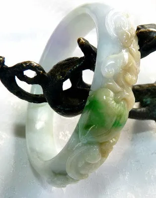 Bat Cherishes Fruit and Flowers Burmese Jadeite Vintage Bangle Bracelet 55 mm (BB2975)