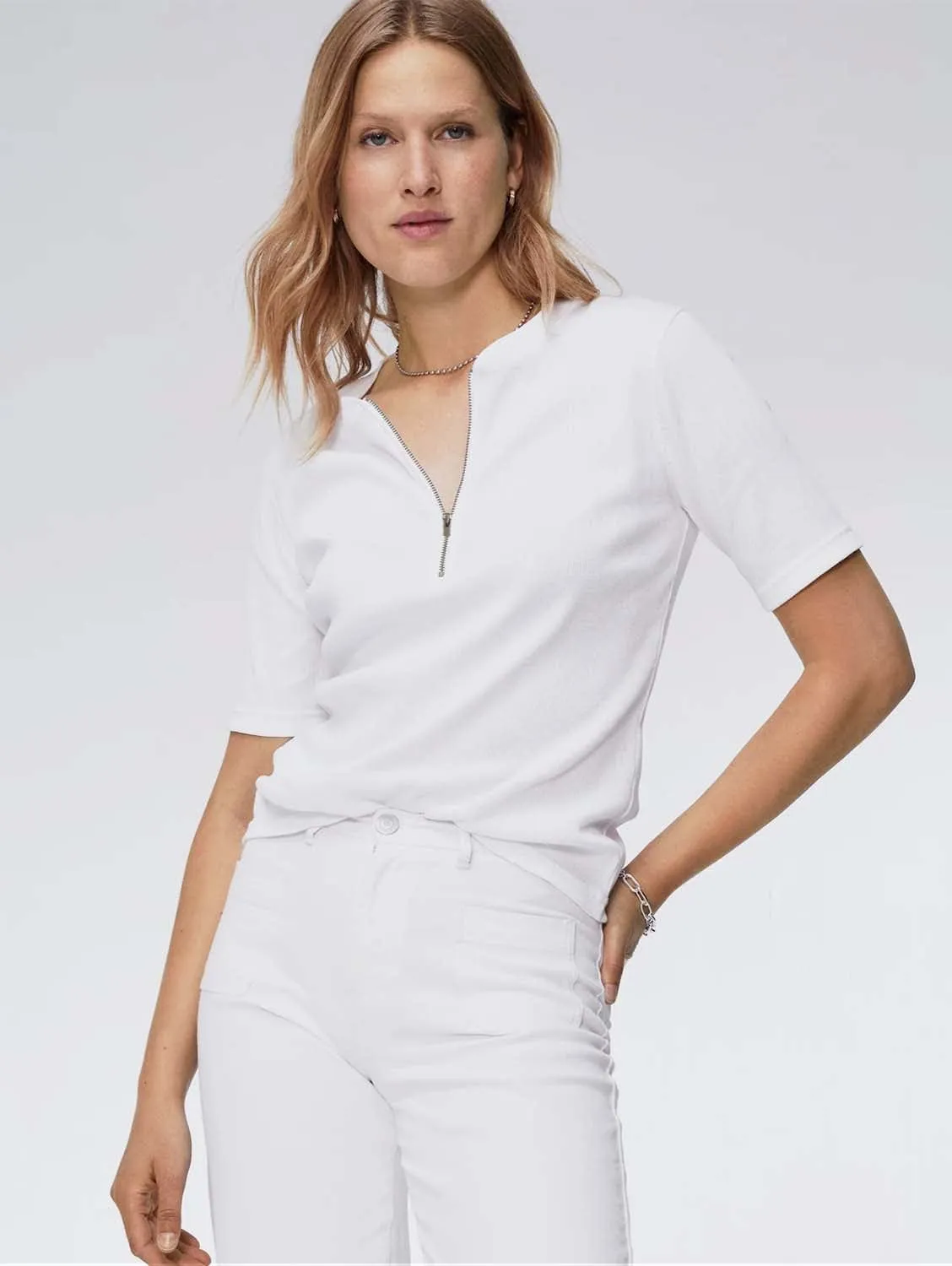 Baukjen Essentials Ribbed Organic Cotton Zip Top | Pure White