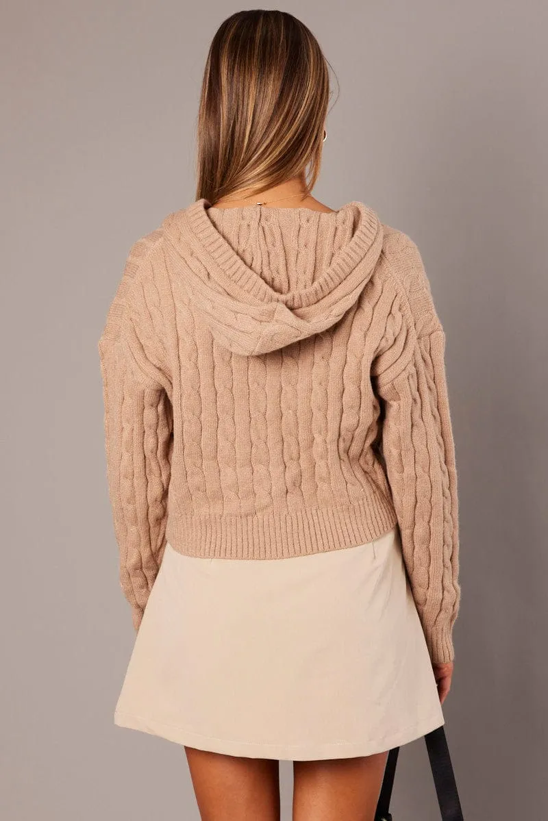 Beige Hooded Cardigan Long Sleeve Cable Knit Zip Up