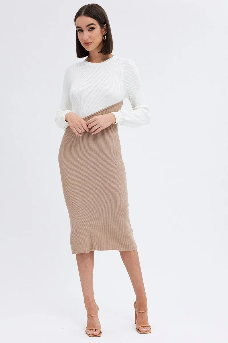 Beige Knit Dress Colour Block Midi