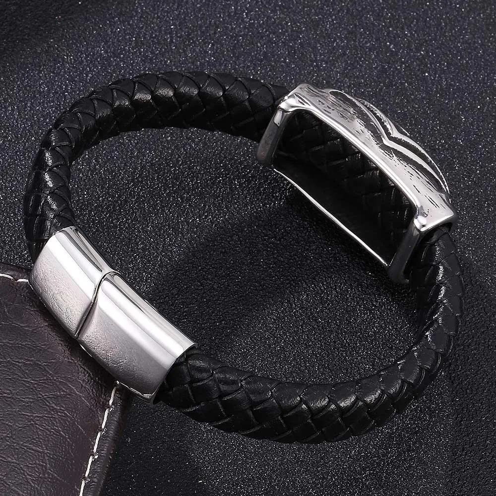 Black Braided Leather Stainless Steel Skull and Crossbones Bracelet