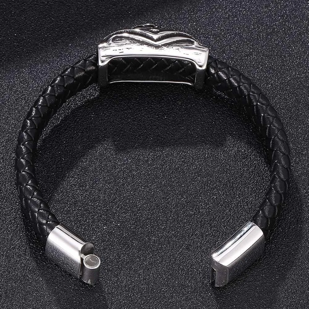 Black Braided Leather Stainless Steel Skull and Crossbones Bracelet